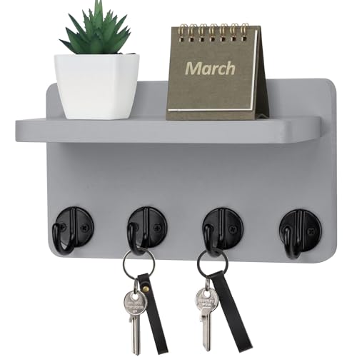 Nekon Key Holder Wall Mount, 8.5 Inch Small Home Decor Wooden Wall Organizer with 4 Hooks and Shelf, Wall Decor for Living Room Entryway Kitchen (Gray) - color: Gray