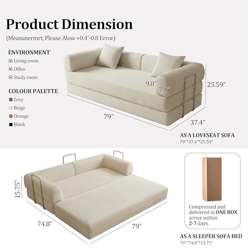 79" Boneless Couch,4-in-1 Futon Sofa Bed Modular Loveseat Sleeper Folding Compressed Couch with Pillows,No Assembly Required Convertible Sofa Bed for Living Room Bedroom Guest Room,Beige - color: Beige, size: 79” Sofa