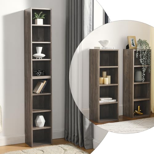 Tall Narrow Bookshelf,8-Tiers Bookcase with Adjustable Shelves,Double-Decker Combination Thin Media Tower Rack,CD DVD Slim Storage Cabinet for Living Room,Bedroom,Studio and Office (Gray, 71"H) - color: Grey
