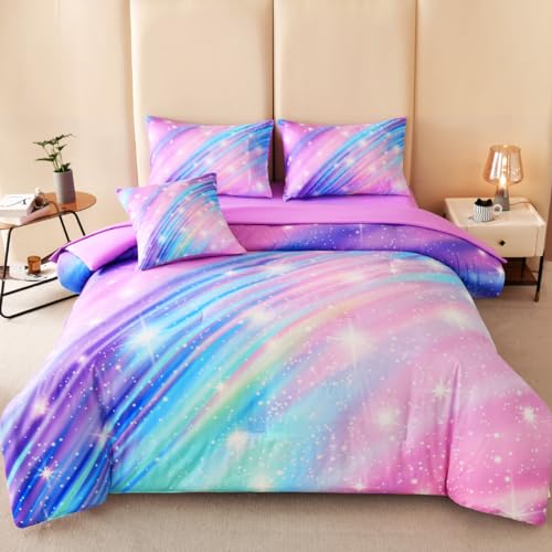 6 Pcs Rainbow Girls Bedding Set Twin, Glitter Galaxy Comforter Set with Sheets, Soft Ombre Purple Twin Bedding Set for Girls - color: Purple, size: Twin-6pcs