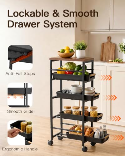 Pipishell Slim Storage Cart with Drawers & Lockable Wheels, 5 Tier Kitchen Cart with Safety Stops & Vented Design, Wood Top, Narrow Rolling cart for Kitchen, Bathroom, Laundry Room, Black - color: Black, size: 7.9”W x 14.6”D x 33.5”H