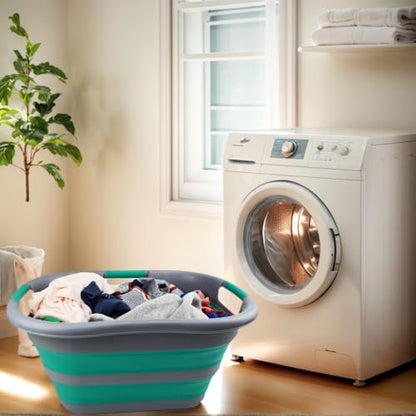 SAMMART 30L (7.9 gallon) Collapsible Plastic Laundry Basket - Foldable Pop Up Storage Container/Organizer - Portable Washing Tub - Space Saving Hamper/Basket (1, Dark Grey/Bluish-Green) - color: Dark Grey/Bluish-Green