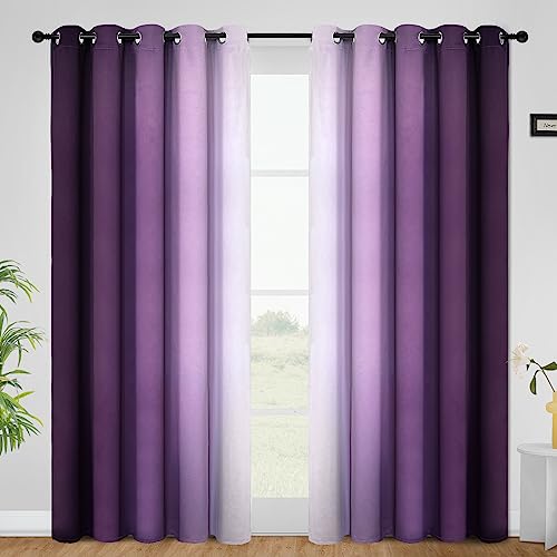 COSVIYA Grommet Room Darkening Ombre Purple Curtains W62xL84 inch | Purple and Greyish White Gradient Drapes, Light Blocking, Insulated Thermal Window Curtains for Bedroom/Living Room,2 Panels - color: Purple to Grayish White, size: 62"W x 84"L (Pack of 2