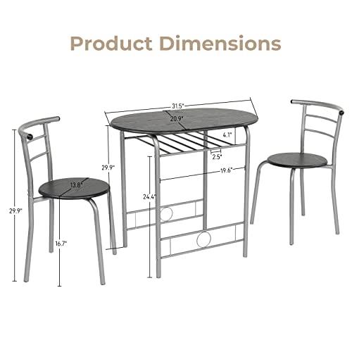 VINGLI 3 Piece Dining Set,Small Kitchen Table Set for 2,Breakfast Table Set,Kitchen Wooden Table and 2 Chairs for Small Space/Dining Room/Apartment,Metal Frame,Wine Rack,Sliver&Black - color: Sliver&black