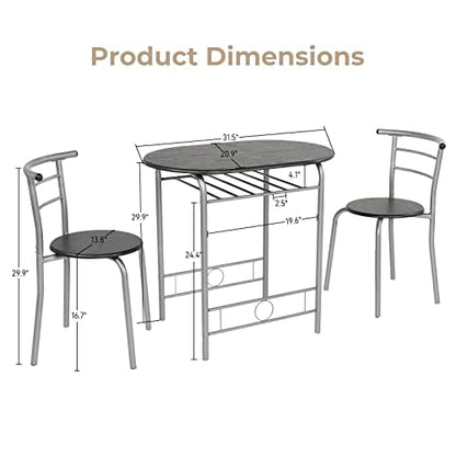 VINGLI 3 Piece Dining Set,Small Kitchen Table Set for 2,Breakfast Table Set,Kitchen Wooden Table and 2 Chairs for Small Space/Dining Room/Apartment,Metal Frame,Wine Rack,Sliver&Black - color: Sliver&black