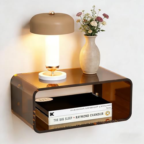 Acrylic Floating Nightstand Wall Mounted, Brown Bedside Table Modern Shelf for Bedroom Living Room Bathroom, Safe Rounded Corners