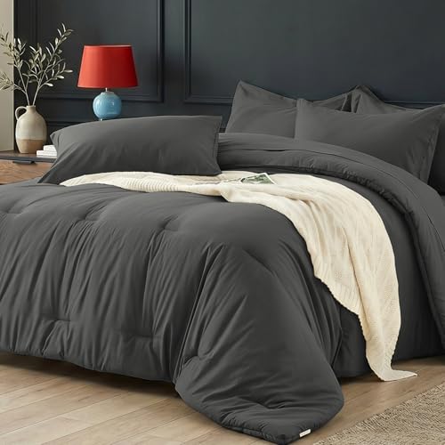 Queen Comforter Set 7 Piece - Soft Bed in a Bag Queen Size Comforter Sets, Cozy Bedding Sets with Lightweight Comforter, Flat Sheet, Fitted Sheet, 2 Pillowcases & 2 Shams, Dark Gray - color: Dark Gray, size: Queen