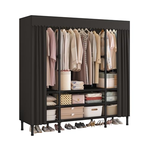 Portable Closet with Cover 55.1"x17.7"x65.7" Wardrobe Closet Black | Portable Closet for Hanging Clothes, Fabric Cover and Hanging Rod, Portable Wardrobe Storage for Bedroom or Dorm Use - color: Black-a, size: 55.1" L