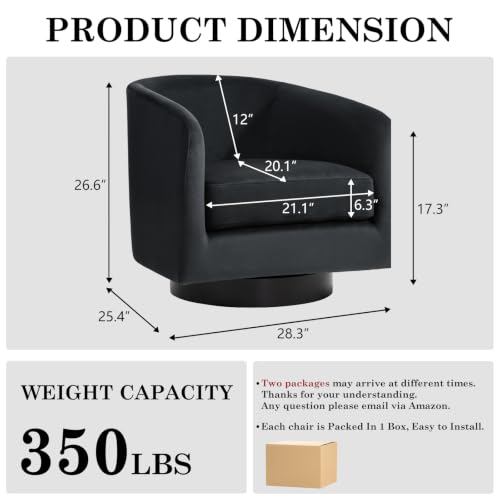 Swivel Barrel Accent Chair, Velvet Upholstered Armchair, Black | Modern Round Club Chair | Comfy Reading Seat with Removable Cushion | For Living Room, Bedroom, Office - color: Ink Black