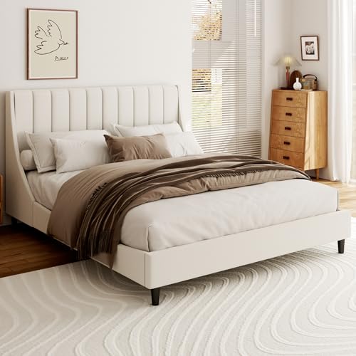 Queen Bed Frame Velvet Upholstered Platform Channel Wingback Headboard | Biege Tufted Bed-Base, Solid Wood Slat Support, No Box Spring Needed, Noise Free, Easy Assembly, Mattress Foundation - color: Beige, size: Queen