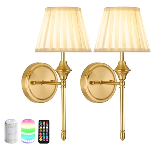 Battery Operated Wall Sconces with Dimmable Led Bulbs and Remote | Vintage Rechargeable Cordless Wall Light Set of 2, Fabric Wireless 10000mAh Wall Lamps for Living Room, Bedroom, Hallway - color: Dull Bronze