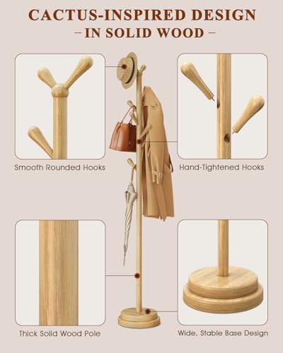 STARSAGA Solid Wood Coat Rack Freestanding Coat Tree with 8 Hooks | Adjustable Height Heavy Duty Coat Rack with Rounded Hooks & Dual-Layer Base, Holds Coats Hats Bags for Entryway, Bedroom - color: Natural