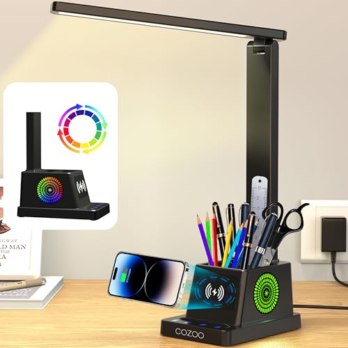LED Desk Lamp for Home Office,15W Wireless Charger Pen Holder, Black | Desk Light for Bedroom Table, 3 Color Modes 4 Brightness Leves Study Lamp, CRI 95, 800 LM Small Table Lamp for College Dorm