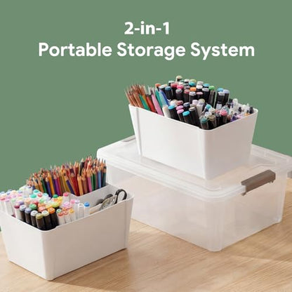 MACOPRO 17QT Craft Storage Box with 2 Removable Caddy Trays, Clear Stackable Plastic Organizer with Lid for Art Supplies, Beads, Sewing Tools, Pens & Kids Toys (White, 1Pack-2-in-1) - size: 1Pack-17QT-2-in-1