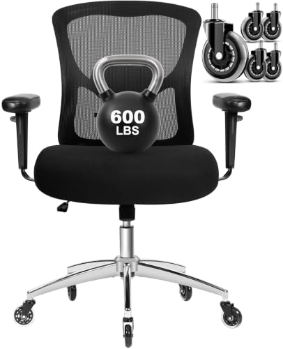 Big and Tall Office Desk Chair with Lumbar Support, 600lbs Heavy Duty Mesh Ergonomic Computer Chair with Armrest and Wide Comfy Seat, Swivel Wheels for Adult, Black - size: 605LBS