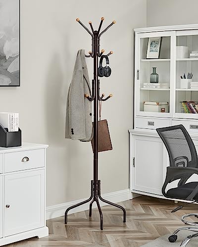 SONGMICS Coat Rack Freestanding, Metal Coat Rack Stand with 12 Hooks and 4 Legs, Holds Clothes, Hats, and Bags, for Entryway, Living Room, Bedroom, Brown URCR031Z01 | Coat Tree, Holds Clothes, Hats, and Bags, for Entryway, Living Room, Bedroom, Walnut Bro