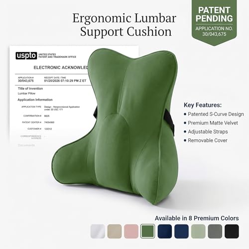 Lumbar Support Pillow(Pat. Pend) for Lower Back Pain Relief – Multi-Functional Ergonomic Lumbar Cushion, Reading Pillow for Office Chair, Car Seat & Sofa,Olive Green - color: Olive Green