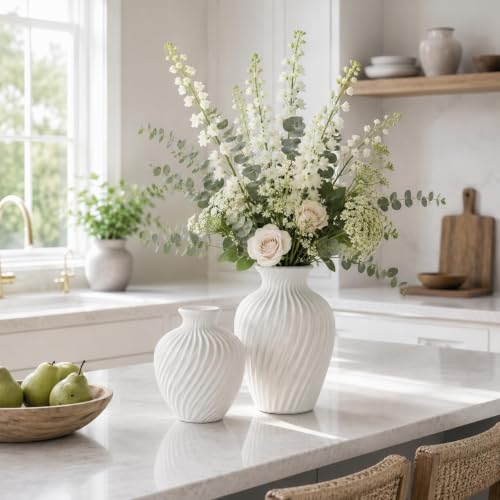 White Ceramic Vase Set of 2|Flower Vase for Home Decor with Rustic Textured
