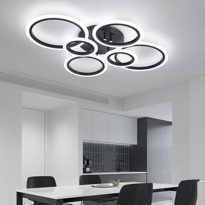 Shine LUEST 6 Rings Black Modern LED Ceiling Light Fixture, Flush Mount Ceiling Light with Remote Dimmable Brightness, Adjustable 3000-6000K Color Temperature, Timer for Living Room, Bedroom - color: Black, 6 Rings