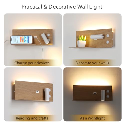 Modern LED Plug in Wall Sconce, Wall Light with Shelf and USB Charging Port, Rotatable Reading Spotlight & Soft Backlight, Plug-in or Hardwired Wall Lamp for Bedroom Bedside, Light Wood Grain Finish - size: 2-light Right Switch White