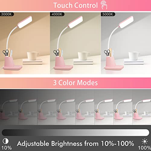 LED Desk Lamp with 10W Wireless Charging & Pen Holder, Pink | CRI 95, 800LM, Stepless Dimming, 3 Modes, 360°Flexible Arm, Touch, Study Table Lamp for Home Office, Dorm Room, with Adapter - color: Pink