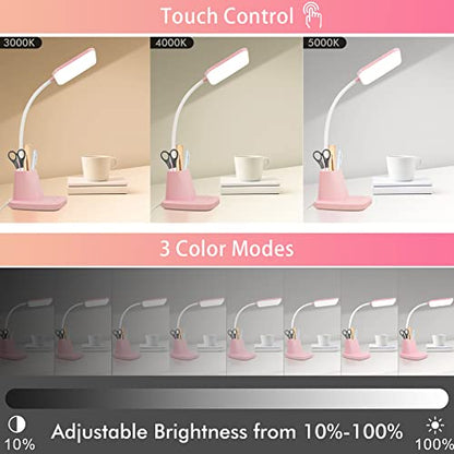 LED Desk Lamp with 10W Wireless Charging & Pen Holder, Pink | CRI 95, 800LM, Stepless Dimming, 3 Modes, 360°Flexible Arm, Touch, Study Table Lamp for Home Office, Dorm Room, with Adapter - color: Pink