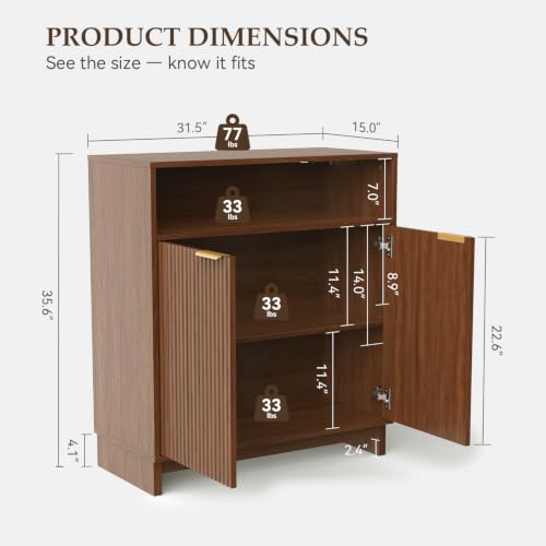 Buffet Cabinet with Storage, 31.5" Wide Kitchen Sideboard, Walnut | Mid Century Modern Wood Fluted Cabinet with Doors& Adjustable Shelves for Entryway Living Room Hallway Coffee Bar Dining Room - color: Walnut