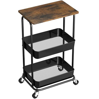 Simple Houseware 2-Tier Utility Cart Wood Top/Lockable Wheel, Rustic Brown | 2-Tier Metal Storage Organizer Trolley for Kitchen, Bathroom, Office, Craft Room - color: Rustic Brown