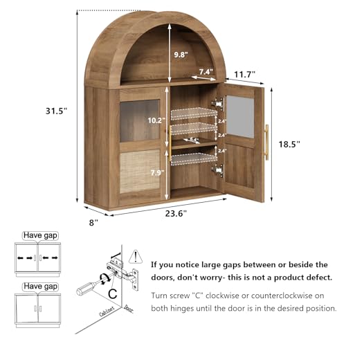 RUSTOWN Arched Bathroom Wall Cabinet with 2 Glass & Rattan Doors | Rattan Medicine Cabinet, Farmhouse Over the Toilet Storage Cabinet, Adjustable Shelves, 3-Tier Wall Mounted Cabinets - color: Rustic Oak