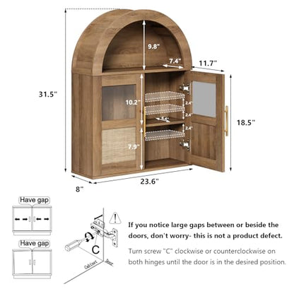 RUSTOWN Arched Bathroom Wall Cabinet with 2 Glass & Rattan Doors | Rattan Medicine Cabinet, Farmhouse Over the Toilet Storage Cabinet, Adjustable Shelves, 3-Tier Wall Mounted Cabinets - color: Rustic Oak