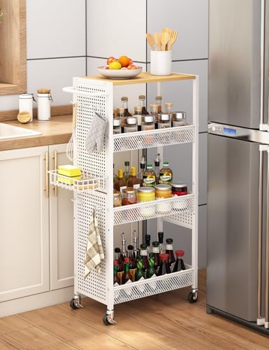 Slim Storage Rolling Cart: 4-Tier Narrow Metal & Wood Utility Cart with Wheels for Kitchen/Laundry/Bathroom(White) - color: White, size: 9.1