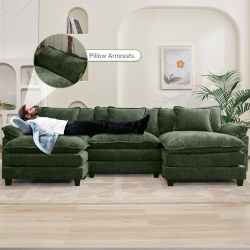 120" Modular Sectional Sofa, Comfy Deep Cloud Couch with Ottoman | U-Shaped Couches for Living Room, Modular Couch, Deep and Wide Seat, Chenille Sofa Sleeper with Throw Pillows, Green - color: Green, size: 120 Inch U