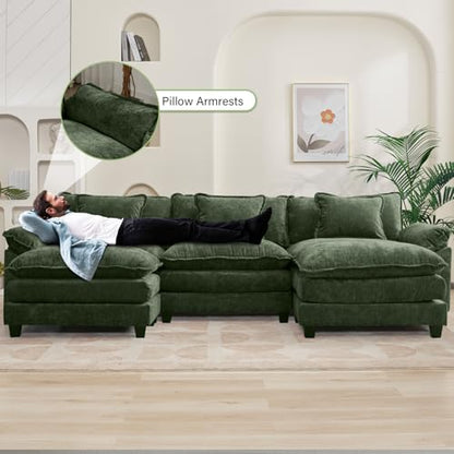 120" Modular Sectional Sofa, Comfy Deep Cloud Couch with Ottoman | U-Shaped Couches for Living Room, Modular Couch, Deep and Wide Seat, Chenille Sofa Sleeper with Throw Pillows, Green - color: Green, size: 120 Inch U