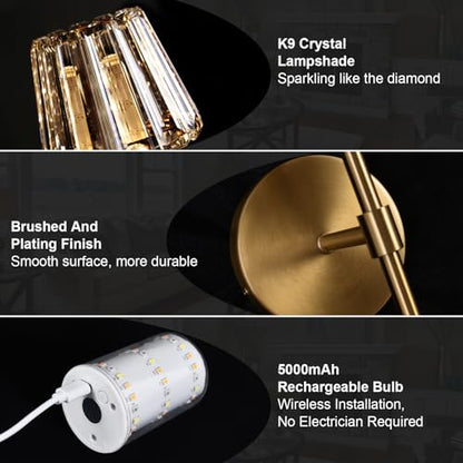 Battery Operated Crystal Wall Sconce Set of 2, Amber Rechargeable Wireless Wall Sconces with Remote Dimmable 12 Colors Modes Led Wall Lights for Bedroom Living Room Hallway, 2 Bulbs Included - color: Amber