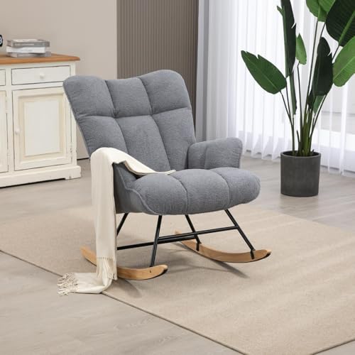 Rocking Chair Nursery Teddy Upholstered Glider Rocker Rocking Accent Chair Padded Seat with High Backrest Armchair Comfy Side Chair for Living Room Bedroom Offices (Darkgrey Teddy) - color: Darkgray