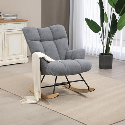 Rocking Chair Nursery Teddy Upholstered Glider Rocker Rocking Accent Chair Padded Seat with High Backrest Armchair Comfy Side Chair for Living Room Bedroom Offices (Darkgrey Teddy) - color: Darkgray