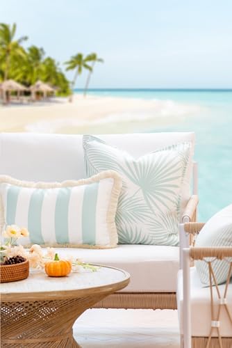 Hofdeco Premium Fall Coastal Patio Indoor Outdoor Lumbar Pillow Cover Only, 12"x20" Water Repellent for Backyard, Couch, Muted Aqua Stripe Fringe - color: Muted Aqua Stripe 12"x20"