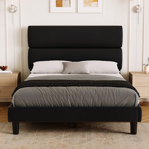 GRUSIGN Full Size Platform Bed Frame with Velvet Headboard, Adjustable Height Wooden Slats Support, Upholstered Mattress Foundation, Fits Mattress or Mattress with Box Spring, Easy Assembly, Black - color: Black, size: Full