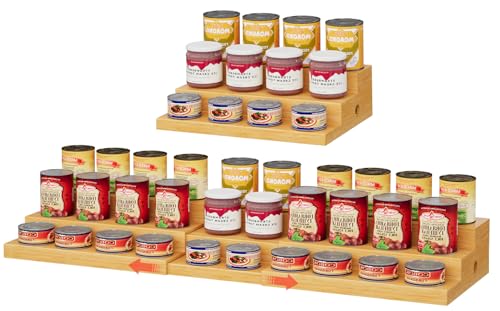 Extra-Long Expandable Bamboo Can Rack, 3-Tier Organizer, Holds 45 Cans | Designed for larger pantries, this extra-long organizer stores 45 cans while keeping every can visible and easy to reach - color: Bamboo, size: 29"-43.3"W × 10.8"D × 4.3"H