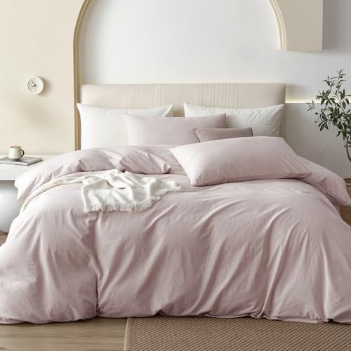 JIYUAN Oversized Queen Washed Cotton Duvet Cover Set Relaxed Linen Feel | Includes 2 Pillowcases, Hidden Zipper & 8 Corner Ties. Naturally Soft, Breathable & Lightweight. Machine Washable. - color: Heathered Greyish Pink (No Comforter), size: Oversized Qu