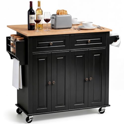 VEVOR Kitchen Island Cart with Storage, 43.58 in Wide Mobile Rolling Storage Island on Swivel Wheels, with 2 Drawers, Storage Cabinet, Drop Leaf, Spice/Towel Rack, Table for Home Dining Room, Black | Home Dining Meal Prep Station With Spice Towel Rack Hoo