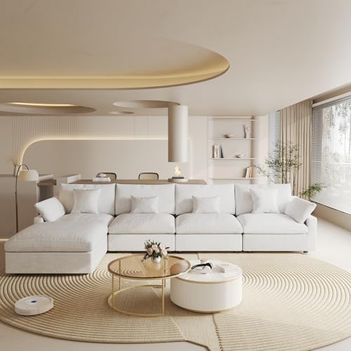 Cloud Couch Modular Sectional Sofa,156" L Shaped Couch, Oversized Down Filled Convertible Wide Seater,4 Seater with Ottoman for Living Room Set, Covers Washable&Replaceable,White - color: White, size: 4 Seat &Ottoman