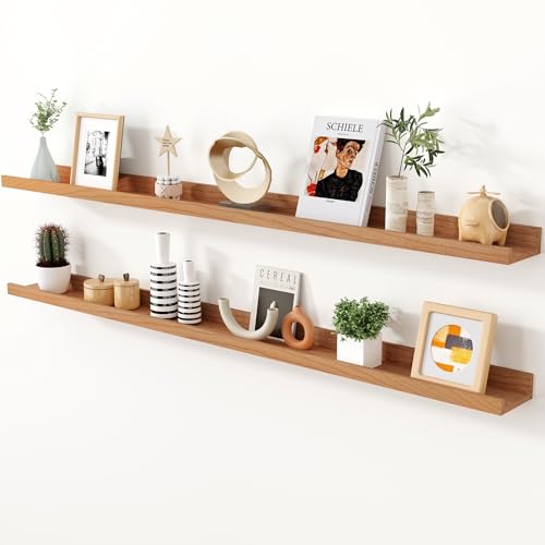 Cherry Picture Ledge Shelf, 55 Inch Floating Shelves Set of 2, Solid Wood Wall Shelves with Lip, Wall Decor Storage for Bedroom Living Room Bathroom Kitchen Nursery Photo, Natural Cherry - color: Cherry, size: 55inch