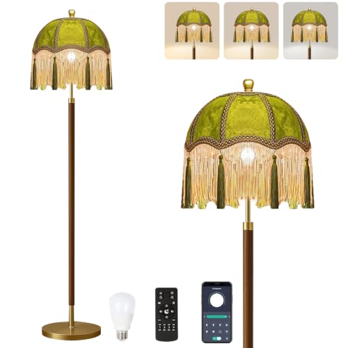 ILLMTW Vintage Floor Lamp for Living Room,Bedroom,Dimmable Standing Lamp with Remote,Green Mid Century Gold Tall Lamp Boho Retro Floor Light Wood Fringe Tassel Flower Unique Tiffany Victorian Decor - size: Floor Lamp-38