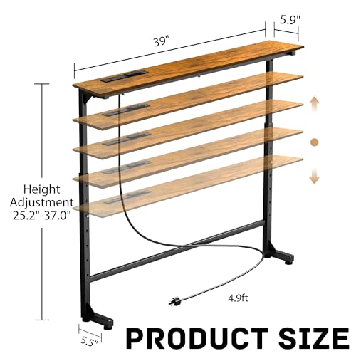 Adjustable Height Narrow Sofa Table with Built-in Power Outlets, 39" Long Console Table Behind Couch Table with Charging Station Skinny Entryway Table for Living Room & Hallway (Rustic Brown) - color: Rustic Brown, size: 39IN