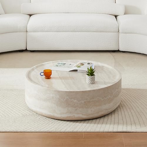 31.49'' Round Coffee Table in Faux Marble, Modern Circle Fiberglass Drum Stone Center Table Side Table Tea Table for Living Room, No Need Assembly (Mars Pattern) - color: 31.49" Round, Mars Pattern