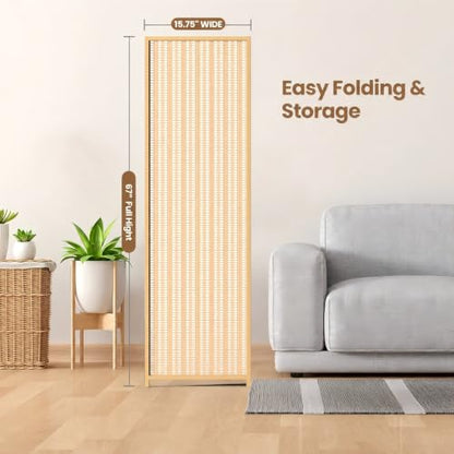 4 Panel Bamboo Room Divider, Folding Privacy Screen, Natural | Pine wood frame, dual-action stainless steel hinges, 5.6FT tall, extends to 63 inches wide, no assembly - color: Natural, size: 4 Panel
