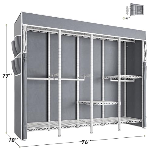 Raybee Heavy Duty Clothes Rack with Cover, 1150lbs Capacity, Adjustable | 76" W Freestanding, Zipper Dust Cover, 5 Rods & 6 Shelves, Tool-Free Assembly, Space-Saving for Closet, Bedroom, White - color: White, style: Clothing Rack with Cover