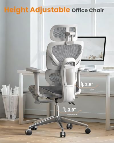 naspaluro Ergonomic Office Chair Lumbar Support High Back 350lbs Capacity | Adjustable Height Breathable Mesh Swivel Desk Chair with 3D Armrest Headrest, Footrest, PU Wheels, Comfy Computer Chair Grey - color: Grey