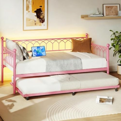 IDEALHOUSE Twin Daybed with Trundle, Day Bed with Charging Station and LED Lights, Heavy Duty Metal Bed Frame, Metal Sofa Bed Frame with Steel Slat Support for Living Room, Bedroom, Apartment, Pink | Charging Station, LED Lights, Pull-Out Trundle, Space-S